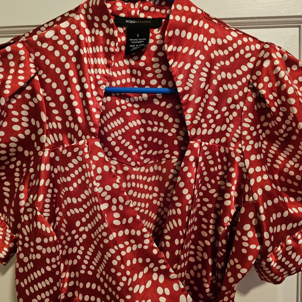 BCBGMaxAzria Red and White Polka Dot Wrap Blouse - Picture 3 of 5